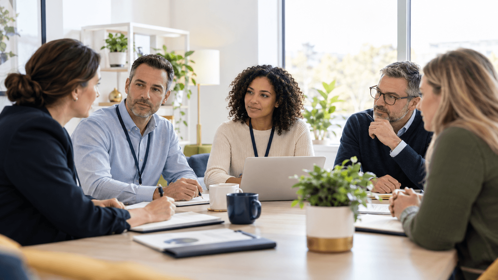 Illustrative multidisciplinary professionals reviewing a situation together.