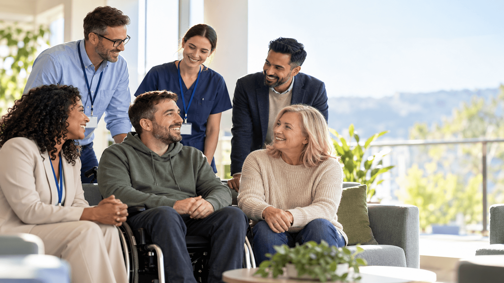 Illustrative service users and professionals together, representing human-centred support.